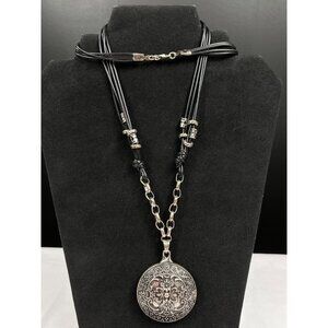 Vintage SKU 054 Inspired Black Cord Necklace With Engraved Round Pendant